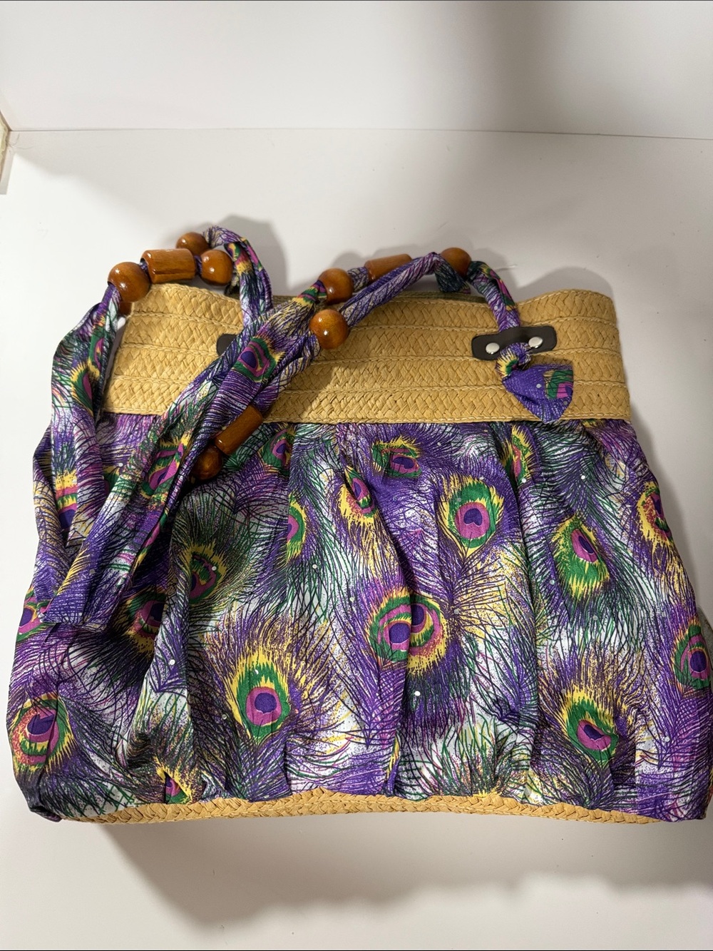 Shoreline Purple Peacock-Print Straw Tote with Wooden Bead Handles